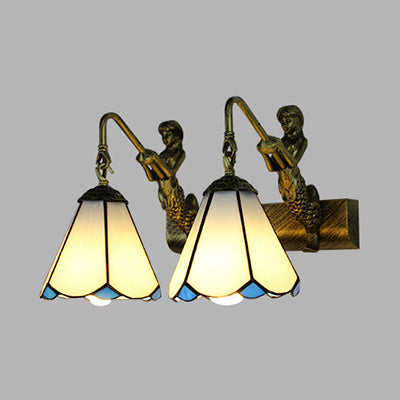 Conical Vanity Sconce Lighting 2 Heads White/Beige Glass Tiffany Wall Mounted Light with Mermaid Decoration Clearhalo 'Industrial' 'Middle century wall lights' 'Tiffany wall lights' 'Tiffany' 'Wall Lamps & Sconces' 'Wall Lights' Lighting' 28251