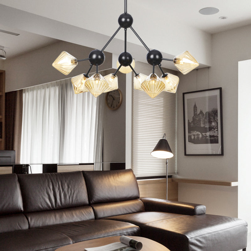 13"/27.5"/34" W Diamond Living Room Chandelier Lamp Amber/Clear Glass 3/9/12 Heads Warehouse Style Pendant Lighting with Sputnik Design Clearhalo 'Ceiling Lights' 'Chandeliers' 'Clear' 'Glass shade' 'Glass' 'Industrial Chandeliers' 'Industrial' 'Middle Century Chandeliers' 'Modern' 'Tiffany' 'Traditional Chandeliers' Lighting' 282540