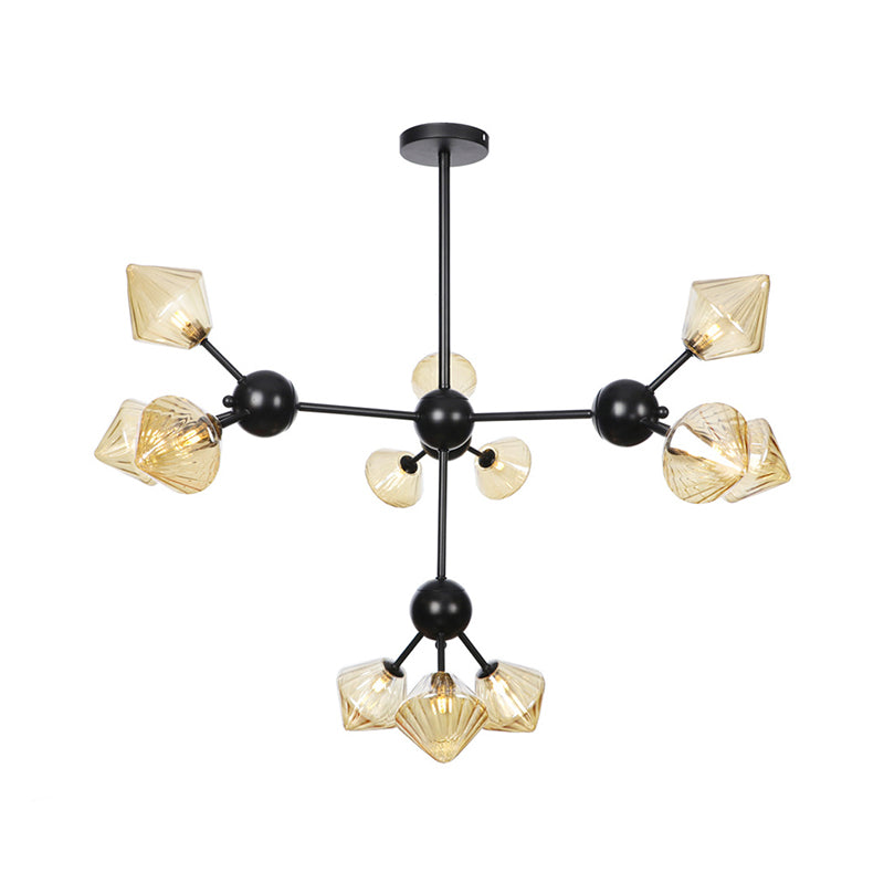 13"/27.5"/34" W Diamond Living Room Chandelier Lamp Amber/Clear Glass 3/9/12 Heads Warehouse Style Pendant Lighting with Sputnik Design Clearhalo 'Ceiling Lights' 'Chandeliers' 'Clear' 'Glass shade' 'Glass' 'Industrial Chandeliers' 'Industrial' 'Middle Century Chandeliers' 'Modern' 'Tiffany' 'Traditional Chandeliers' Lighting' 282549