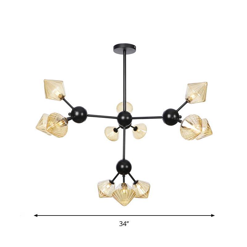 13"/27.5"/34" W Diamond Living Room Chandelier Lamp Amber/Clear Glass 3/9/12 Heads Warehouse Style Pendant Lighting with Sputnik Design Clearhalo 'Ceiling Lights' 'Chandeliers' 'Clear' 'Glass shade' 'Glass' 'Industrial Chandeliers' 'Industrial' 'Middle Century Chandeliers' 'Modern' 'Tiffany' 'Traditional Chandeliers' Lighting' 282550