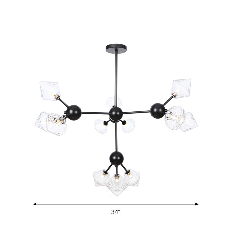 13"/27.5"/34" W Diamond Living Room Chandelier Lamp Amber/Clear Glass 3/9/12 Heads Warehouse Style Pendant Lighting with Sputnik Design Clearhalo 'Ceiling Lights' 'Chandeliers' 'Clear' 'Glass shade' 'Glass' 'Industrial Chandeliers' 'Industrial' 'Middle Century Chandeliers' 'Modern' 'Tiffany' 'Traditional Chandeliers' Lighting' 282554