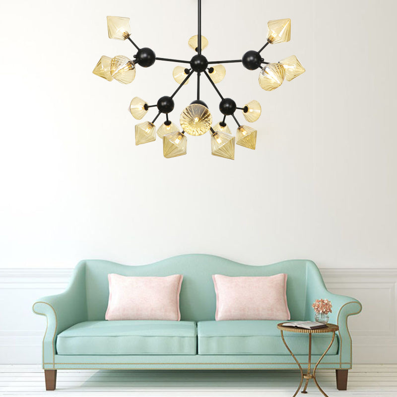 13"/27.5"/34" W Diamond Living Room Chandelier Lamp Amber/Clear Glass 3/9/12 Heads Warehouse Style Pendant Lighting with Sputnik Design Clearhalo 'Ceiling Lights' 'Chandeliers' 'Clear' 'Glass shade' 'Glass' 'Industrial Chandeliers' 'Industrial' 'Middle Century Chandeliers' 'Modern' 'Tiffany' 'Traditional Chandeliers' Lighting' 282556