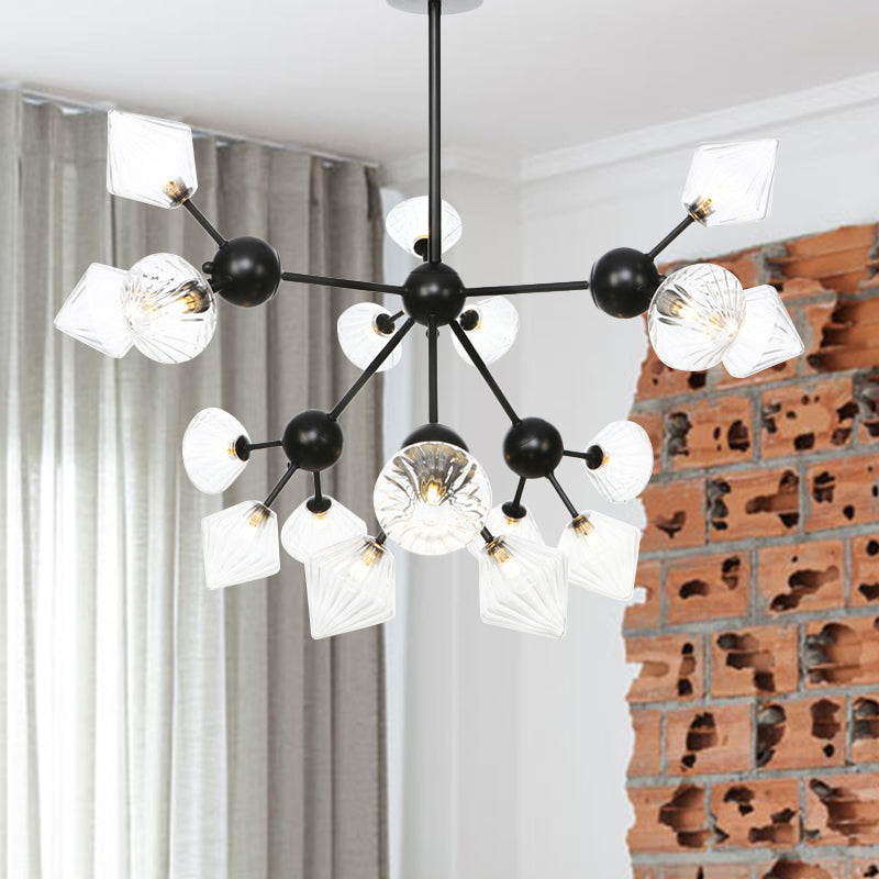 13"/27.5"/34" W Diamond Living Room Chandelier Lamp Amber/Clear Glass 3/9/12 Heads Warehouse Style Pendant Lighting with Sputnik Design 18 Clear 34" Clearhalo 'Ceiling Lights' 'Chandeliers' 'Clear' 'Glass shade' 'Glass' 'Industrial Chandeliers' 'Industrial' 'Middle Century Chandeliers' 'Modern' 'Tiffany' 'Traditional Chandeliers' Lighting' 282560