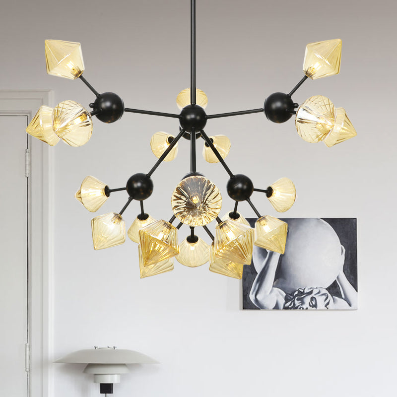 13"/27.5"/34" W Diamond Living Room Chandelier Lamp Amber/Clear Glass 3/9/12 Heads Warehouse Style Pendant Lighting with Sputnik Design 21 Amber 34" Clearhalo 'Ceiling Lights' 'Chandeliers' 'Clear' 'Glass shade' 'Glass' 'Industrial Chandeliers' 'Industrial' 'Middle Century Chandeliers' 'Modern' 'Tiffany' 'Traditional Chandeliers' Lighting' 282564