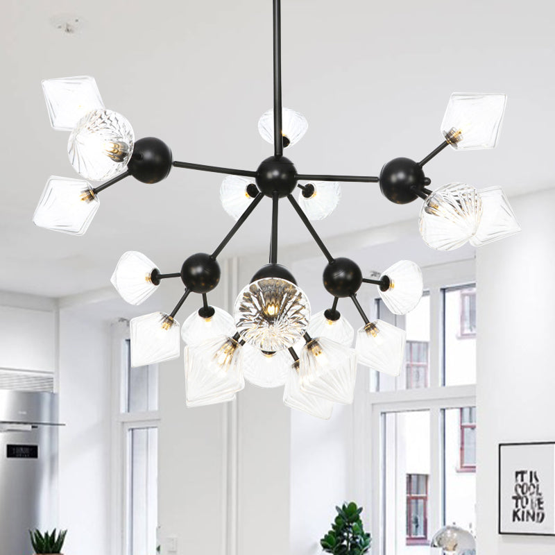 13"/27.5"/34" W Diamond Living Room Chandelier Lamp Amber/Clear Glass 3/9/12 Heads Warehouse Style Pendant Lighting with Sputnik Design 21 Clear 34" Clearhalo 'Ceiling Lights' 'Chandeliers' 'Clear' 'Glass shade' 'Glass' 'Industrial Chandeliers' 'Industrial' 'Middle Century Chandeliers' 'Modern' 'Tiffany' 'Traditional Chandeliers' Lighting' 282568