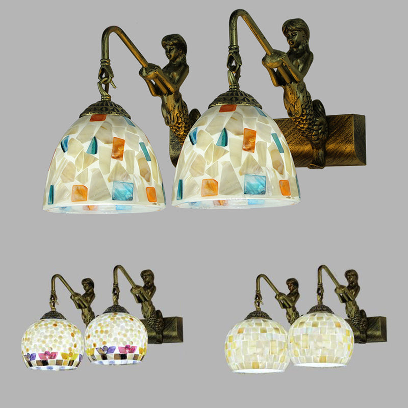 Mosaic Shell Sconce Light Fixture Mediterranean 2 Lights Beige/White-Yellow/Yellow-Blue Wall Mounted Light for Bathroom Clearhalo 'Industrial' 'Middle century wall lights' 'Tiffany wall lights' 'Tiffany' 'Wall Lamps & Sconces' 'Wall Lights' Lighting' 28257