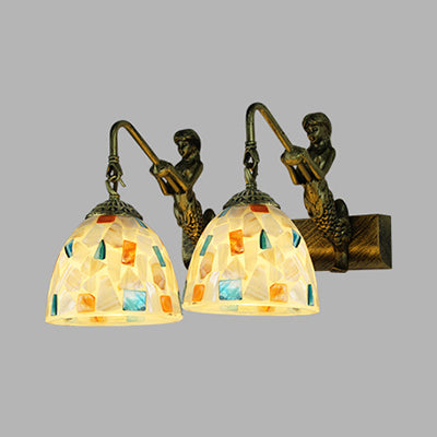 Mosaic Shell Sconce Light Fixture Mediterranean 2 Lights Beige/White-Yellow/Yellow-Blue Wall Mounted Light for Bathroom Yellow-Blue Clearhalo 'Industrial' 'Middle century wall lights' 'Tiffany wall lights' 'Tiffany' 'Wall Lamps & Sconces' 'Wall Lights' Lighting' 28258