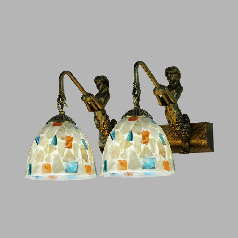 Mosaic Shell Sconce Light Fixture Mediterranean 2 Lights Beige/White-Yellow/Yellow-Blue Wall Mounted Light for Bathroom Clearhalo 'Industrial' 'Middle century wall lights' 'Tiffany wall lights' 'Tiffany' 'Wall Lamps & Sconces' 'Wall Lights' Lighting' 28259