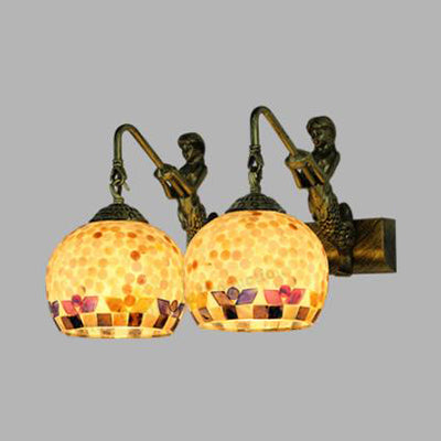Mosaic Shell Sconce Light Fixture Mediterranean 2 Lights Beige/White-Yellow/Yellow-Blue Wall Mounted Light for Bathroom Clearhalo 'Industrial' 'Middle century wall lights' 'Tiffany wall lights' 'Tiffany' 'Wall Lamps & Sconces' 'Wall Lights' Lighting' 28260