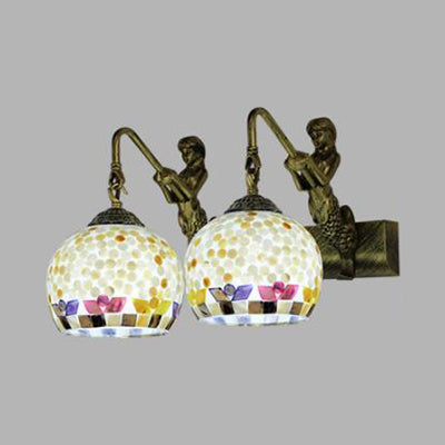 Mosaic Shell Sconce Light Fixture Mediterranean 2 Lights Beige/White-Yellow/Yellow-Blue Wall Mounted Light for Bathroom Clearhalo 'Industrial' 'Middle century wall lights' 'Tiffany wall lights' 'Tiffany' 'Wall Lamps & Sconces' 'Wall Lights' Lighting' 28261