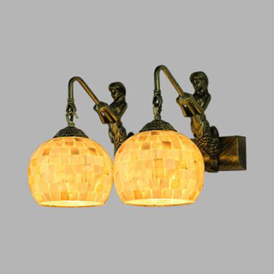 Mosaic Shell Sconce Light Fixture Mediterranean 2 Lights Beige/White-Yellow/Yellow-Blue Wall Mounted Light for Bathroom Beige Clearhalo 'Industrial' 'Middle century wall lights' 'Tiffany wall lights' 'Tiffany' 'Wall Lamps & Sconces' 'Wall Lights' Lighting' 28263
