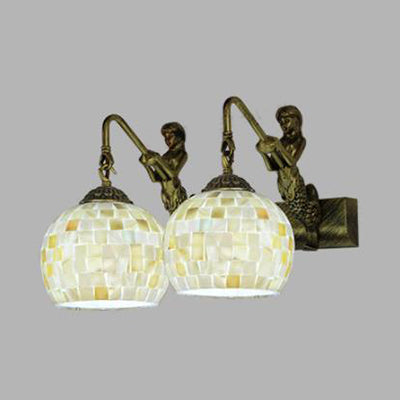 Mosaic Shell Sconce Light Fixture Mediterranean 2 Lights Beige/White-Yellow/Yellow-Blue Wall Mounted Light for Bathroom Clearhalo 'Industrial' 'Middle century wall lights' 'Tiffany wall lights' 'Tiffany' 'Wall Lamps & Sconces' 'Wall Lights' Lighting' 28264