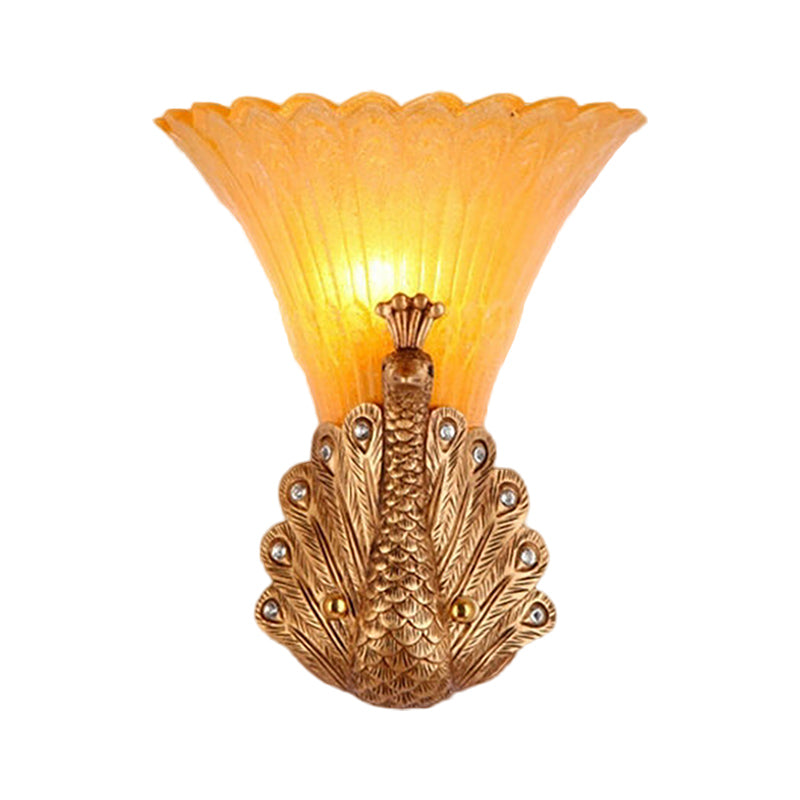 1 Light Peacock Wall Mount Lamp Rustic Style Red/Gold Finish Resin Wall Light with Orange Glass Scalloped Shade, 9.5"/13" W Clearhalo 'Wall Lamps & Sconces' 'Wall Lights' Lighting' 282679