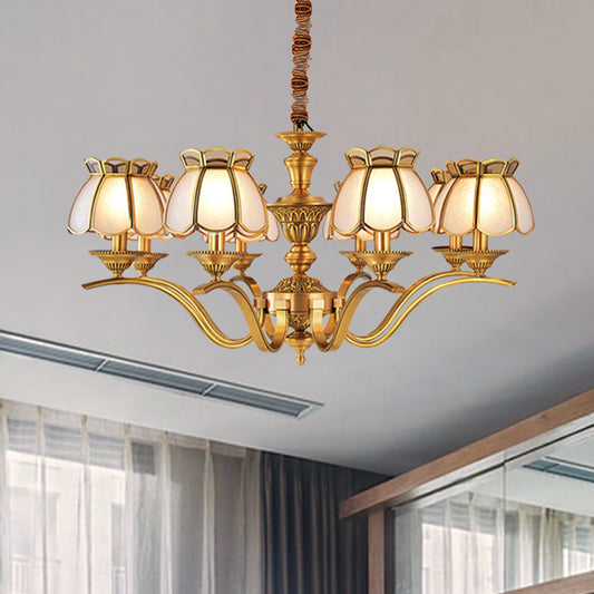 6 Lights Scalloped Chandelier Pendant Lamp Colonialist Brass Frosted Glass Hanging Ceiling Light Clearhalo 'Ceiling Lights' 'Chandeliers' 'Glass shade' 'Glass' Lighting' 282747