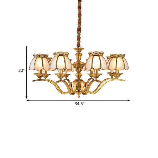6 Lights Scalloped Chandelier Pendant Lamp Colonialist Brass Frosted Glass Hanging Ceiling Light Clearhalo 'Ceiling Lights' 'Chandeliers' 'Glass shade' 'Glass' Lighting' 282750
