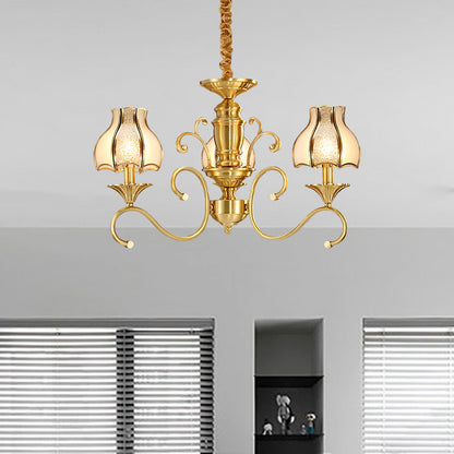 Colonial Swirled Arm Suspended Lighting 3/5/6 Heads Metal Hanging Chandelier in Gold with Frosted and Water Glass Shade 3 Gold Clearhalo 'Ceiling Lights' 'Chandeliers' 'Glass shade' 'Glass' Lighting' 282759