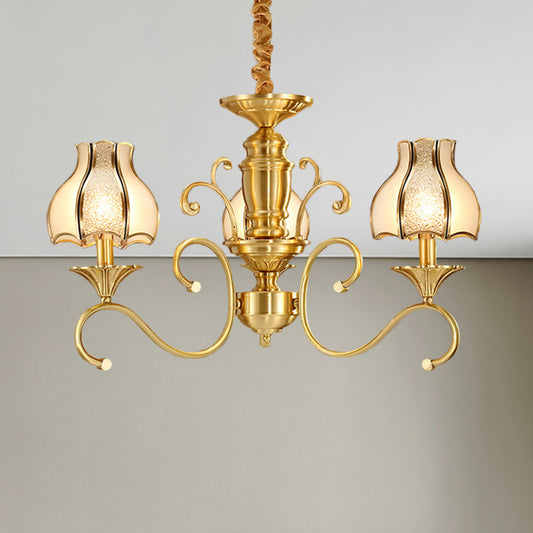 Colonial Swirled Arm Suspended Lighting 3/5/6 Heads Metal Hanging Chandelier in Gold with Frosted and Water Glass Shade Clearhalo 'Ceiling Lights' 'Chandeliers' 'Glass shade' 'Glass' Lighting' 282760