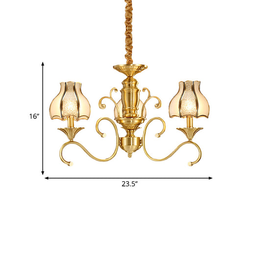 Colonial Swirled Arm Suspended Lighting 3/5/6 Heads Metal Hanging Chandelier in Gold with Frosted and Water Glass Shade Clearhalo 'Ceiling Lights' 'Chandeliers' 'Glass shade' 'Glass' Lighting' 282763