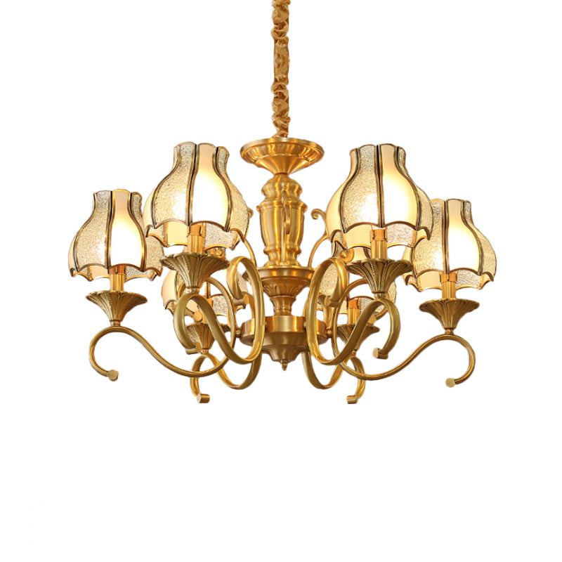 Colonial Swirled Arm Suspended Lighting 3/5/6 Heads Metal Hanging Chandelier in Gold with Frosted and Water Glass Shade Clearhalo 'Ceiling Lights' 'Chandeliers' 'Glass shade' 'Glass' Lighting' 282771
