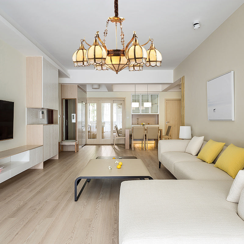 Gold Flower Shaped Chandelier Lighting Colonial Frosted Glass 9 Lights Living Room Hanging Pendant Lamp Clearhalo 'Ceiling Lights' 'Chandeliers' 'Close To Ceiling Lights' 'Glass shade' 'Glass' Lighting' 282775