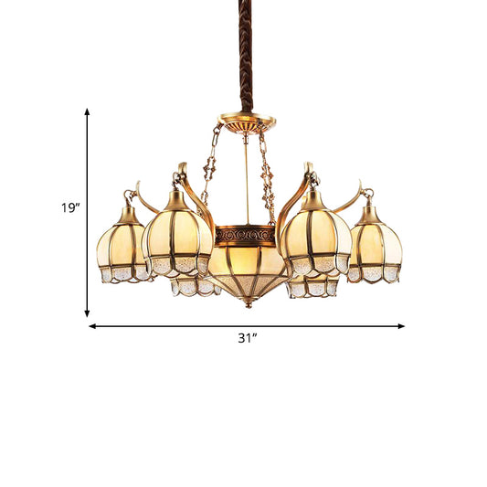 Gold Flower Shaped Chandelier Lighting Colonial Frosted Glass 9 Lights Living Room Hanging Pendant Lamp Clearhalo 'Ceiling Lights' 'Chandeliers' 'Close To Ceiling Lights' 'Glass shade' 'Glass' Lighting' 282777