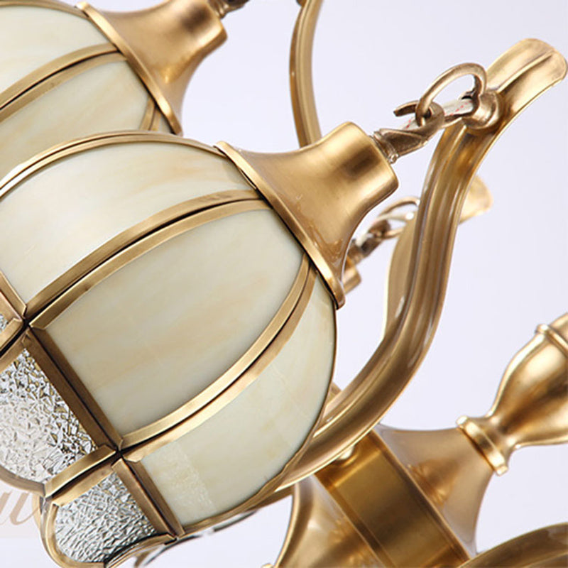 Gold Flower Shaped Chandelier Lighting Colonial Frosted Glass 9 Lights Living Room Hanging Pendant Lamp Clearhalo 'Ceiling Lights' 'Chandeliers' 'Close To Ceiling Lights' 'Glass shade' 'Glass' Lighting' 282778