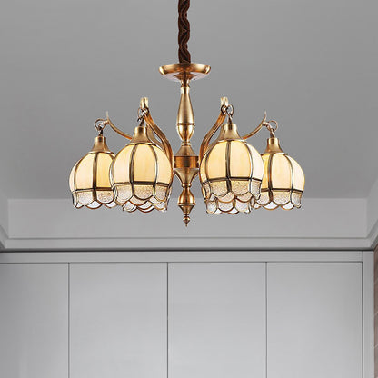 Gold 6 Lights Chandelier Lamp Colonialist Frosted Glass Flower Shape Down Lighting Pendant Gold Clearhalo 'Ceiling Lights' 'Chandeliers' 'Close To Ceiling Lights' 'Glass shade' 'Glass' Lighting' 282789