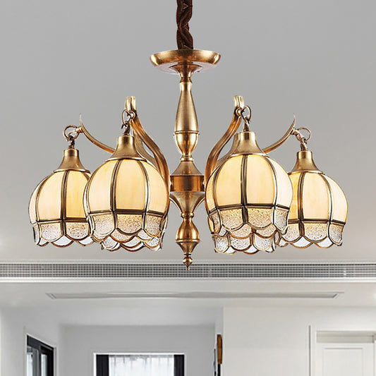Gold 6 Lights Chandelier Lamp Colonialist Frosted Glass Flower Shape Down Lighting Pendant Clearhalo 'Ceiling Lights' 'Chandeliers' 'Close To Ceiling Lights' 'Glass shade' 'Glass' Lighting' 282790