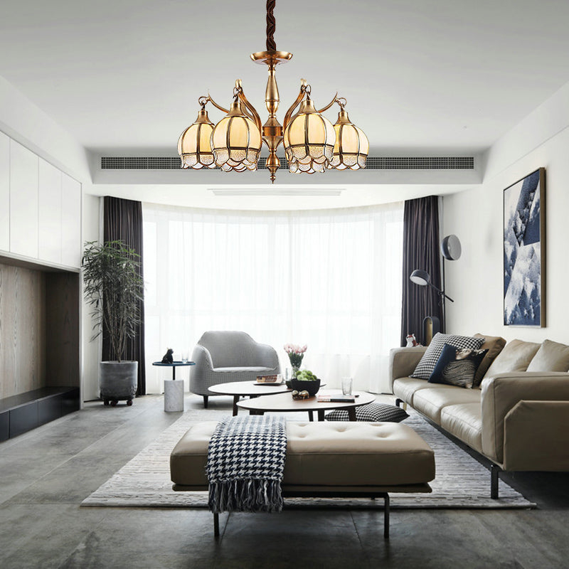 Gold 6 Lights Chandelier Lamp Colonialist Frosted Glass Flower Shape Down Lighting Pendant Clearhalo 'Ceiling Lights' 'Chandeliers' 'Close To Ceiling Lights' 'Glass shade' 'Glass' Lighting' 282791