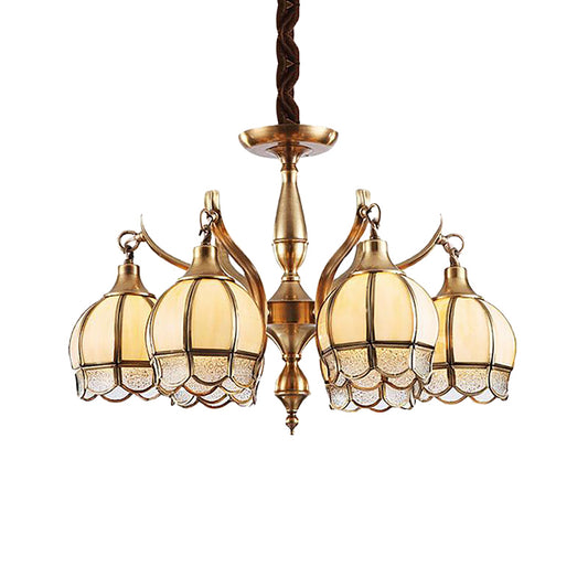 Gold 6 Lights Chandelier Lamp Colonialist Frosted Glass Flower Shape Down Lighting Pendant Clearhalo 'Ceiling Lights' 'Chandeliers' 'Close To Ceiling Lights' 'Glass shade' 'Glass' Lighting' 282792