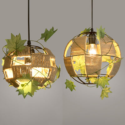 Country Style Global Cage Pendant Lamp 1 Head Rope and Metal Hanging Light in Beige for Restaurant Clearhalo 'Ceiling Lights' 'Industrial Pendants' 'Industrial' 'Middle Century Pendants' 'Pendant Lights' 'Pendants' 'Tiffany' Lighting' 28280