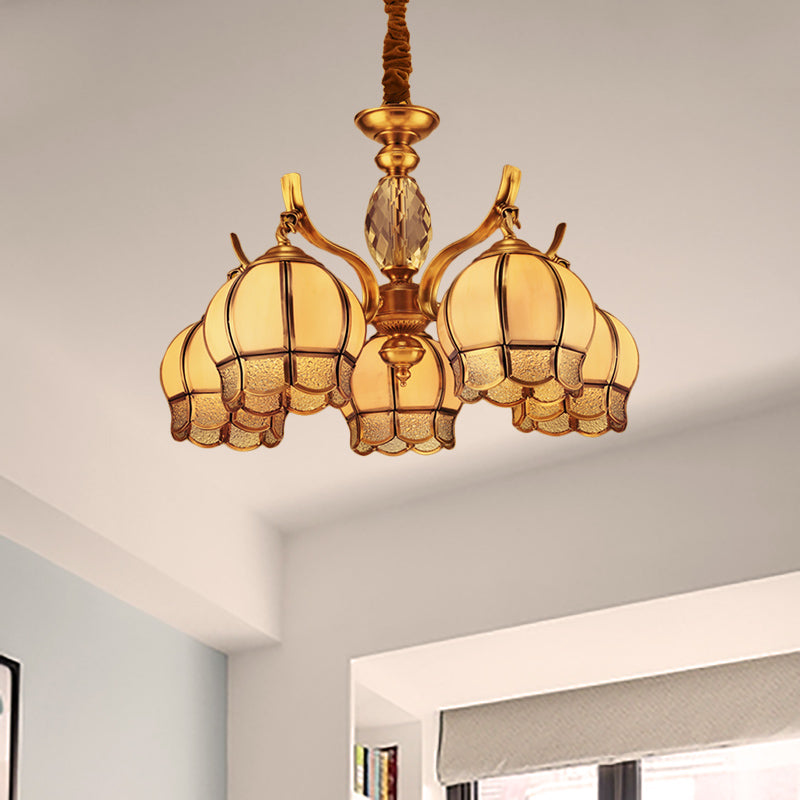 Bud Bedroom Ceiling Chandelier Colonial Frosted Glass 5 Lights Gold Finish Hanging Pendant Light Gold Clearhalo 'Ceiling Lights' 'Chandeliers' 'Glass shade' 'Glass' Lighting' 282806