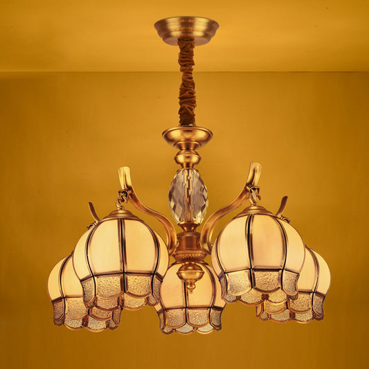 Bud Bedroom Ceiling Chandelier Colonial Frosted Glass 5 Lights Gold Finish Hanging Pendant Light Clearhalo 'Ceiling Lights' 'Chandeliers' 'Glass shade' 'Glass' Lighting' 282807