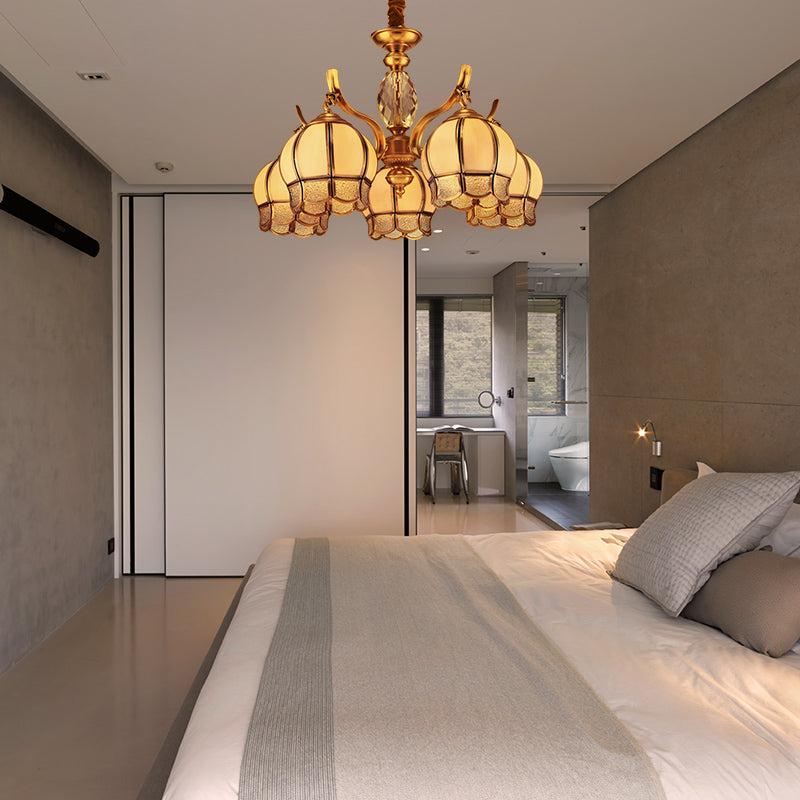 Bud Bedroom Ceiling Chandelier Colonial Frosted Glass 5 Lights Gold Finish Hanging Pendant Light Clearhalo 'Ceiling Lights' 'Chandeliers' 'Glass shade' 'Glass' Lighting' 282808