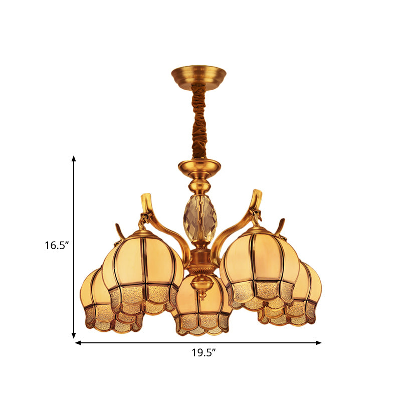 Bud Bedroom Ceiling Chandelier Colonial Frosted Glass 5 Lights Gold Finish Hanging Pendant Light Clearhalo 'Ceiling Lights' 'Chandeliers' 'Glass shade' 'Glass' Lighting' 282810