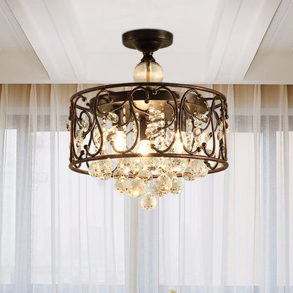 Drum Metal Ceiling Light Fixture Industrial 3 Bulbs Antique Copper Semi Flush Mount Lighting with Dropped Crystal Ball Weathered Copper Clearhalo 'Ceiling Lights' 'Close To Ceiling Lights' 'Close to ceiling' 'Semi-flushmount' Lighting' 282811