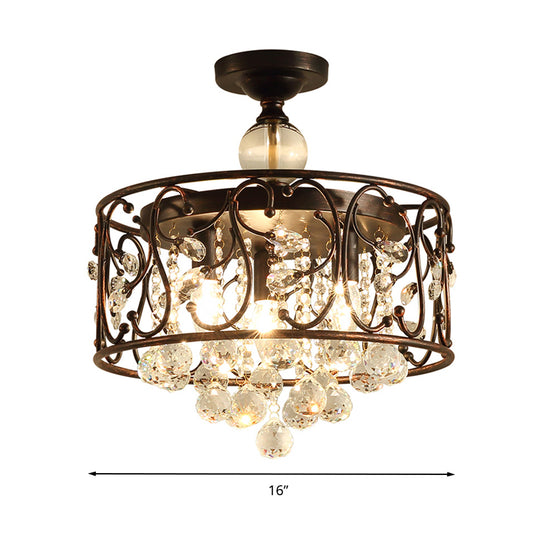 Drum Metal Ceiling Light Fixture Industrial 3 Bulbs Antique Copper Semi Flush Mount Lighting with Dropped Crystal Ball Clearhalo 'Ceiling Lights' 'Close To Ceiling Lights' 'Close to ceiling' 'Semi-flushmount' Lighting' 282815