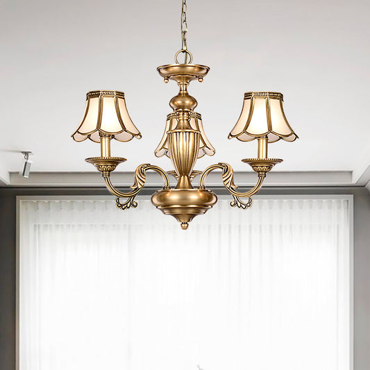 3/5 Heads Scalloped Chandelier Lamp Colonialist Brass Frosted Glass Suspended Lighting Fixture 3 Brass Clearhalo 'Ceiling Lights' 'Chandeliers' 'Glass shade' 'Glass' Lighting' 282817