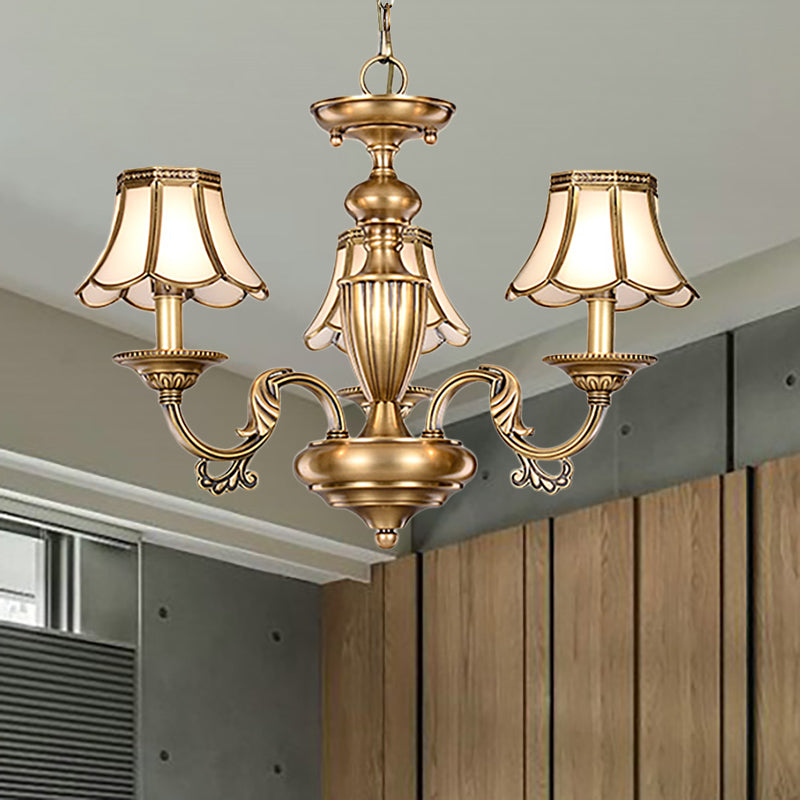 3/5 Heads Scalloped Chandelier Lamp Colonialist Brass Frosted Glass Suspended Lighting Fixture Clearhalo 'Ceiling Lights' 'Chandeliers' 'Glass shade' 'Glass' Lighting' 282818