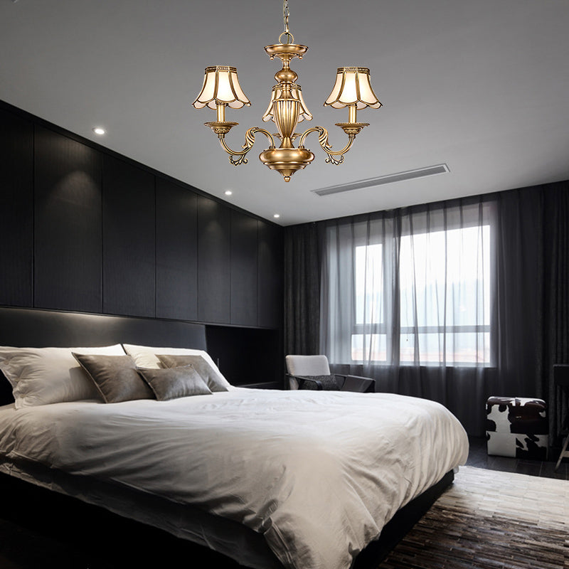 3/5 Heads Scalloped Chandelier Lamp Colonialist Brass Frosted Glass Suspended Lighting Fixture Clearhalo 'Ceiling Lights' 'Chandeliers' 'Glass shade' 'Glass' Lighting' 282819