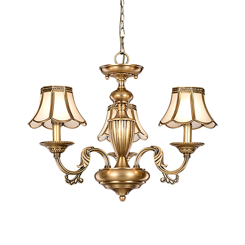 3/5 Heads Scalloped Chandelier Lamp Colonialist Brass Frosted Glass Suspended Lighting Fixture Clearhalo 'Ceiling Lights' 'Chandeliers' 'Glass shade' 'Glass' Lighting' 282820