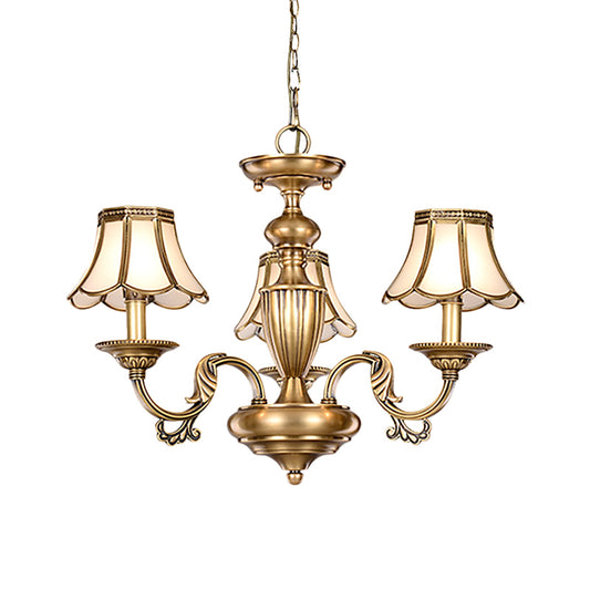 3/5 Heads Scalloped Chandelier Lamp Colonialist Brass Frosted Glass Suspended Lighting Fixture Clearhalo 'Ceiling Lights' 'Chandeliers' 'Glass shade' 'Glass' Lighting' 282820