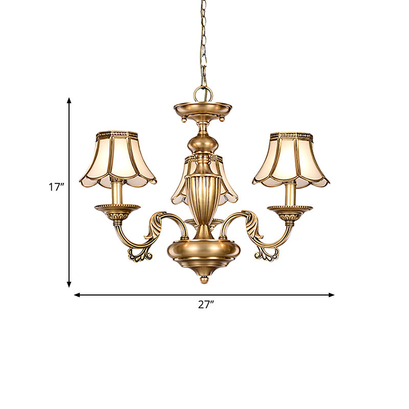 3/5 Heads Scalloped Chandelier Lamp Colonialist Brass Frosted Glass Suspended Lighting Fixture Clearhalo 'Ceiling Lights' 'Chandeliers' 'Glass shade' 'Glass' Lighting' 282821