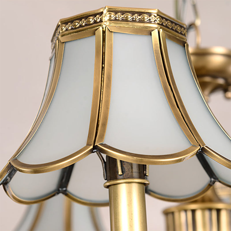 3/5 Heads Scalloped Chandelier Lamp Colonialist Brass Frosted Glass Suspended Lighting Fixture Clearhalo 'Ceiling Lights' 'Chandeliers' 'Glass shade' 'Glass' Lighting' 282822