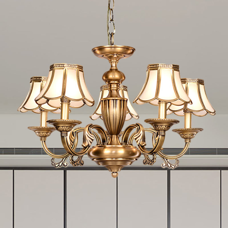 3/5 Heads Scalloped Chandelier Lamp Colonialist Brass Frosted Glass Suspended Lighting Fixture 5 Brass Clearhalo 'Ceiling Lights' 'Chandeliers' 'Glass shade' 'Glass' Lighting' 282823