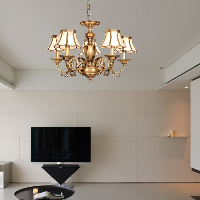 3/5 Heads Scalloped Chandelier Lamp Colonialist Brass Frosted Glass Suspended Lighting Fixture Clearhalo 'Ceiling Lights' 'Chandeliers' 'Glass shade' 'Glass' Lighting' 282824
