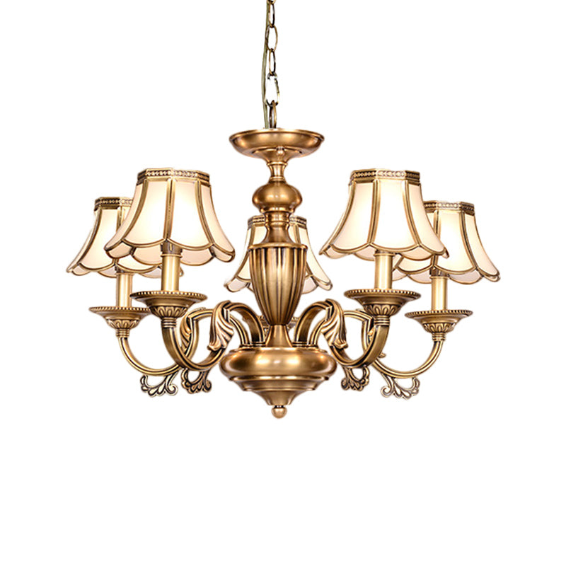3/5 Heads Scalloped Chandelier Lamp Colonialist Brass Frosted Glass Suspended Lighting Fixture Clearhalo 'Ceiling Lights' 'Chandeliers' 'Glass shade' 'Glass' Lighting' 282825