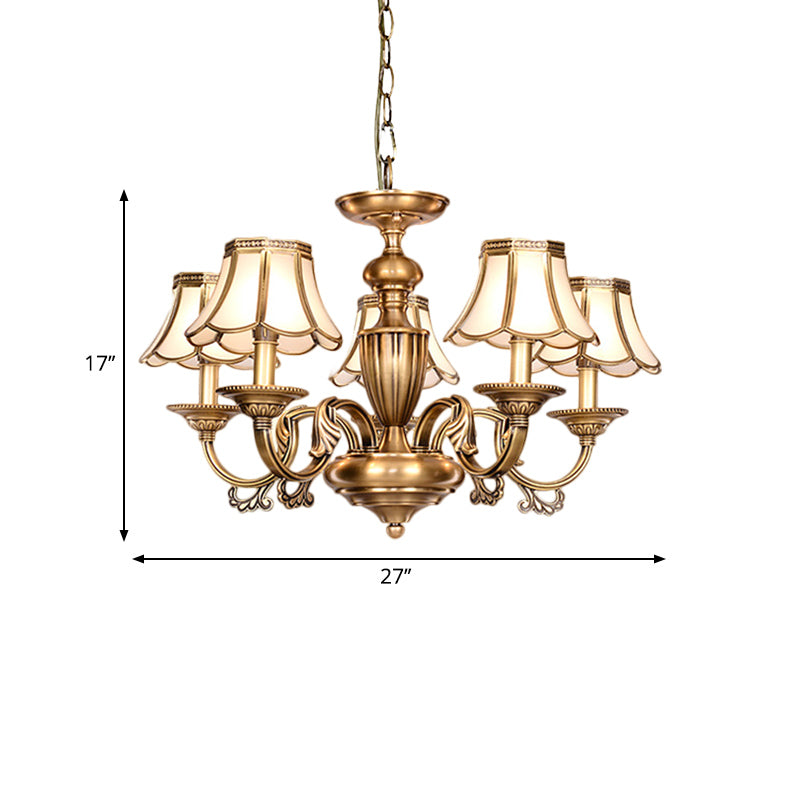 3/5 Heads Scalloped Chandelier Lamp Colonialist Brass Frosted Glass Suspended Lighting Fixture Clearhalo 'Ceiling Lights' 'Chandeliers' 'Glass shade' 'Glass' Lighting' 282826