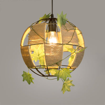 Country Style Global Cage Pendant Lamp 1 Head Rope and Metal Hanging Light in Beige for Restaurant Clearhalo 'Ceiling Lights' 'Industrial Pendants' 'Industrial' 'Middle Century Pendants' 'Pendant Lights' 'Pendants' 'Tiffany' Lighting' 28284