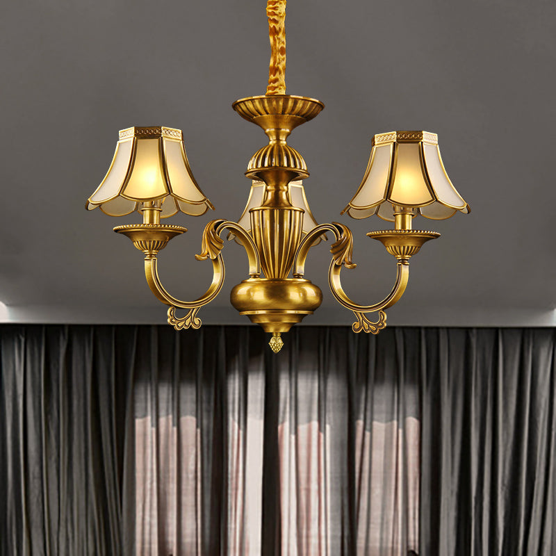 3/8 Lights Suspension Lighting Colonial Flared Frosted Glass Chandelier Pendant Lamp in Gold 3 Gold Clearhalo 'Ceiling Lights' 'Chandeliers' 'Close To Ceiling Lights' 'Glass shade' 'Glass' Lighting' 282845